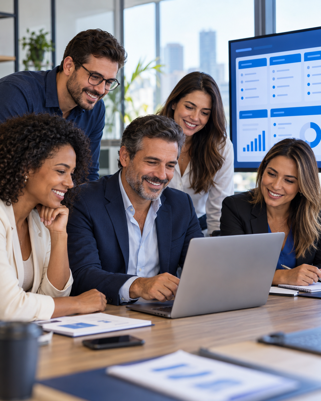 Imagem ilustrativa de empresário e equipe comercial reunidos diante de indicadores organizados